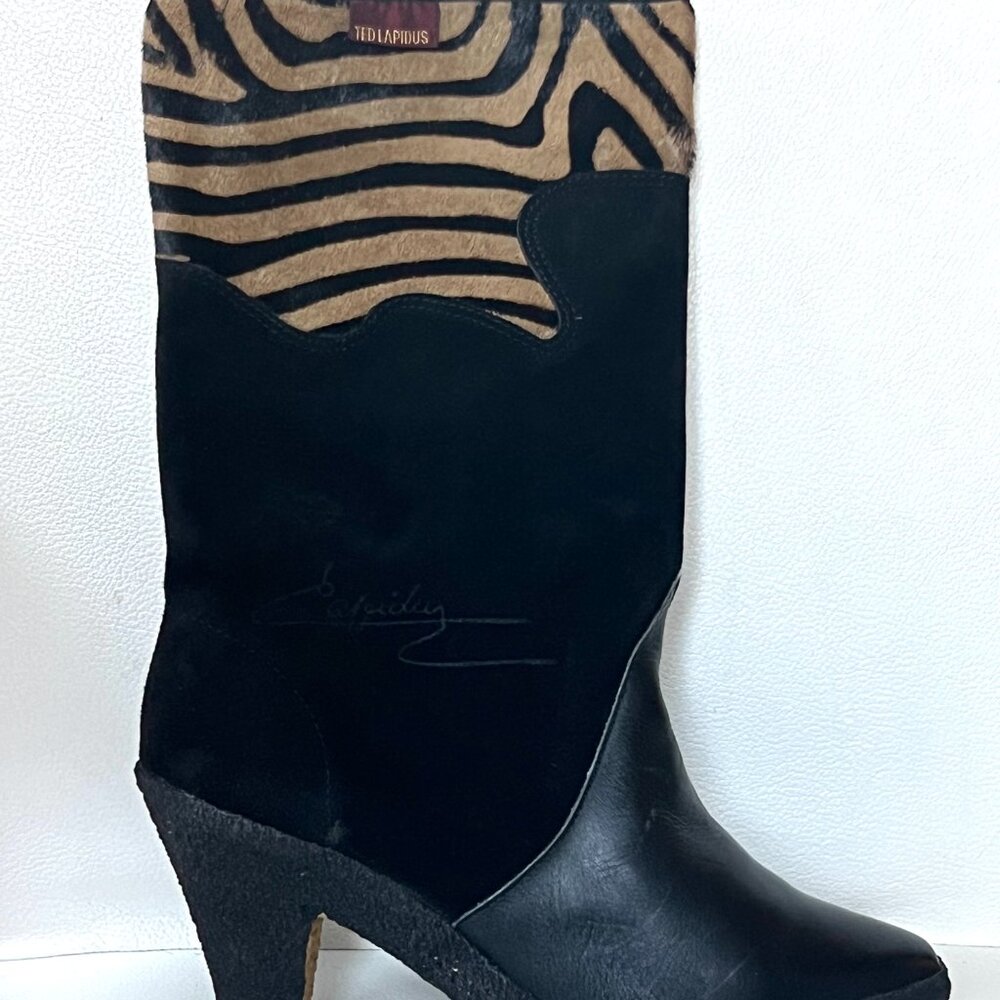 Vintage TED LAPIDUS Black & Tiger Print Leather & Suede Boots, Never Worn, 38/7